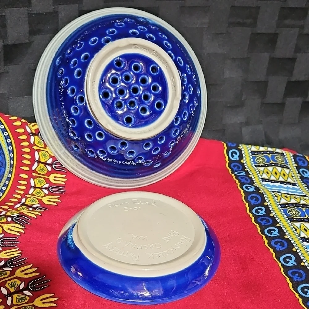 Handmade/Signed Ceramic Berry Bowl & Underplate w/Vibrant Blue Speckled Glaze